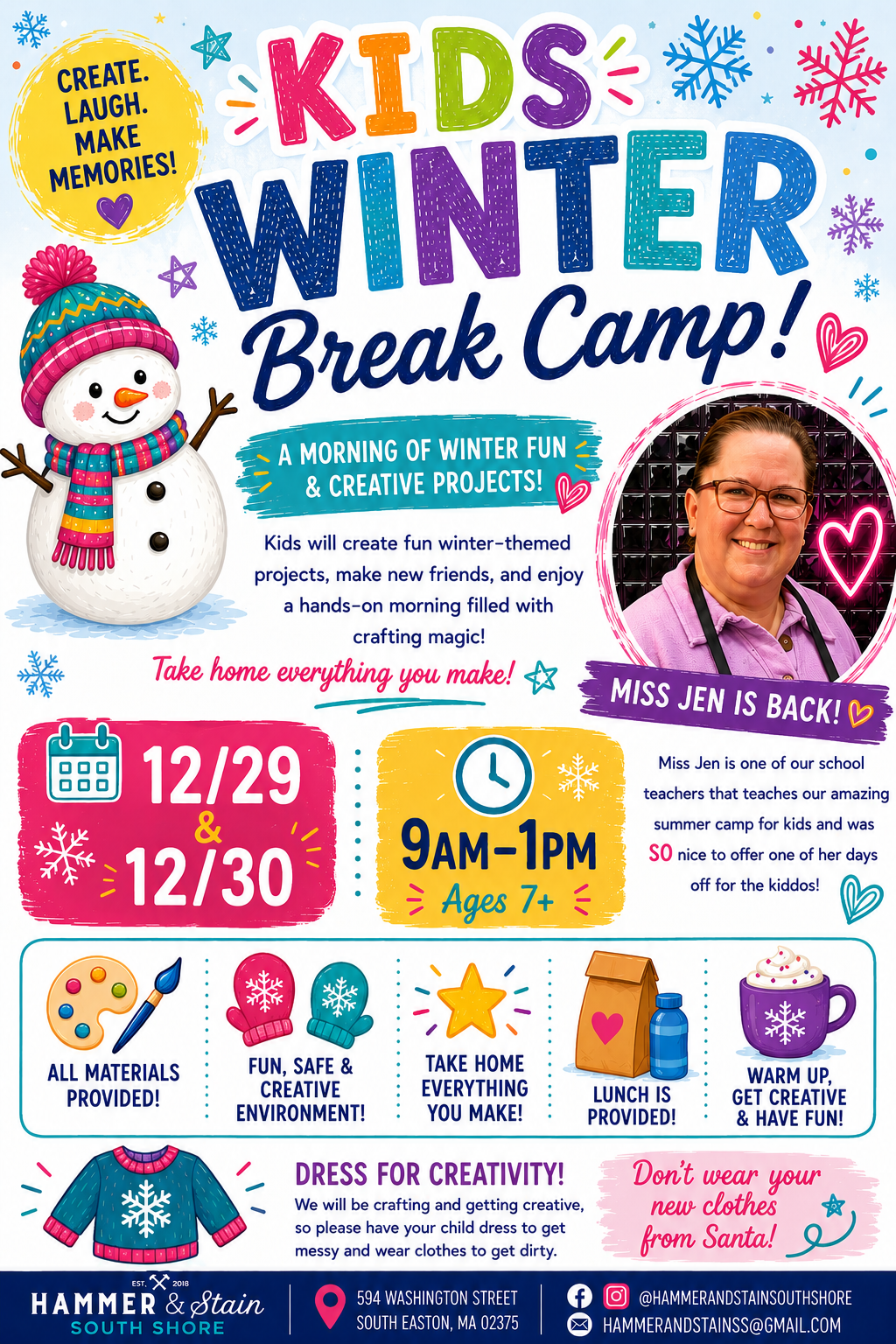 2026 December Winter School Vacation 9am-1pm Camp Day for Kids Ages 7+ [Lunch provided]