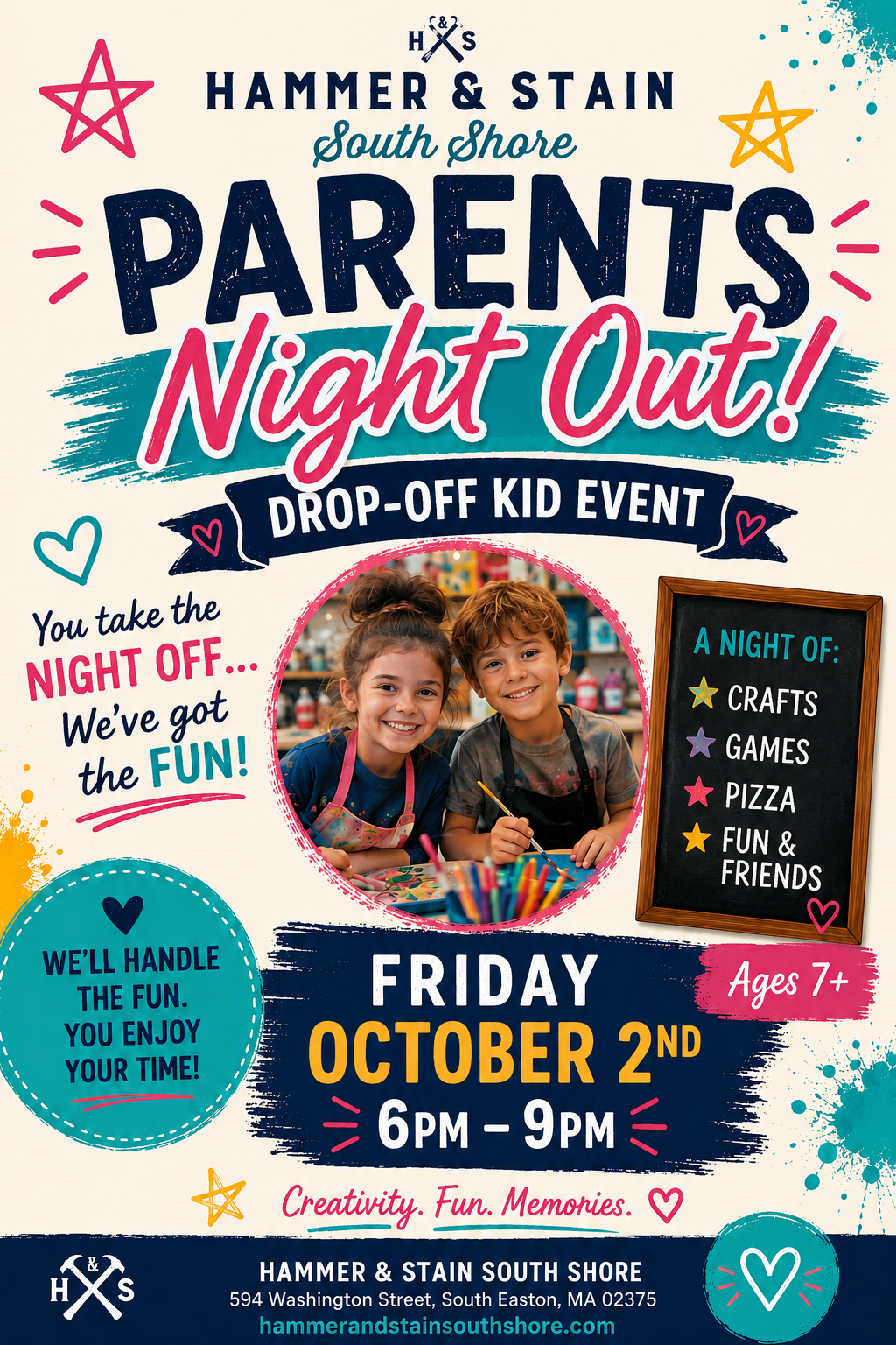 10/2/2026 FRIDAY 6pm-9pm 🎨 Parents Escape! Kids Create! [Pizza Included]