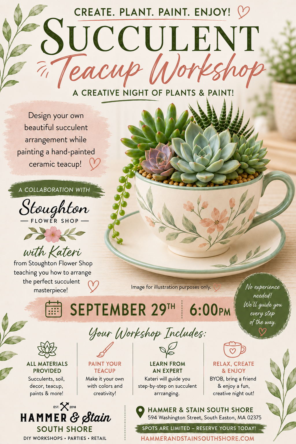 9/29/2026 (6pm) TUESDAY 🌿 Paint, Plant & Bloom: A Succulent Teacup Workshop w/ Stoughton Flower Shop🌸